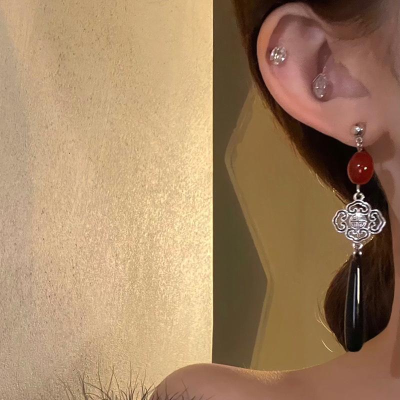 Silver Needle New Chinese Water Drop Chinese Knot Tassel Earrings Retro Guochao Earrings Personality Trend Fashion Earrings