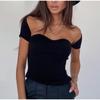 Сексуальный укороченный топ с открытыми плечами, вязаная футболка с квадратным воротником, элегантные женские футболки с короткими рукавами, тонкая летняя модная футболка 2023 г.