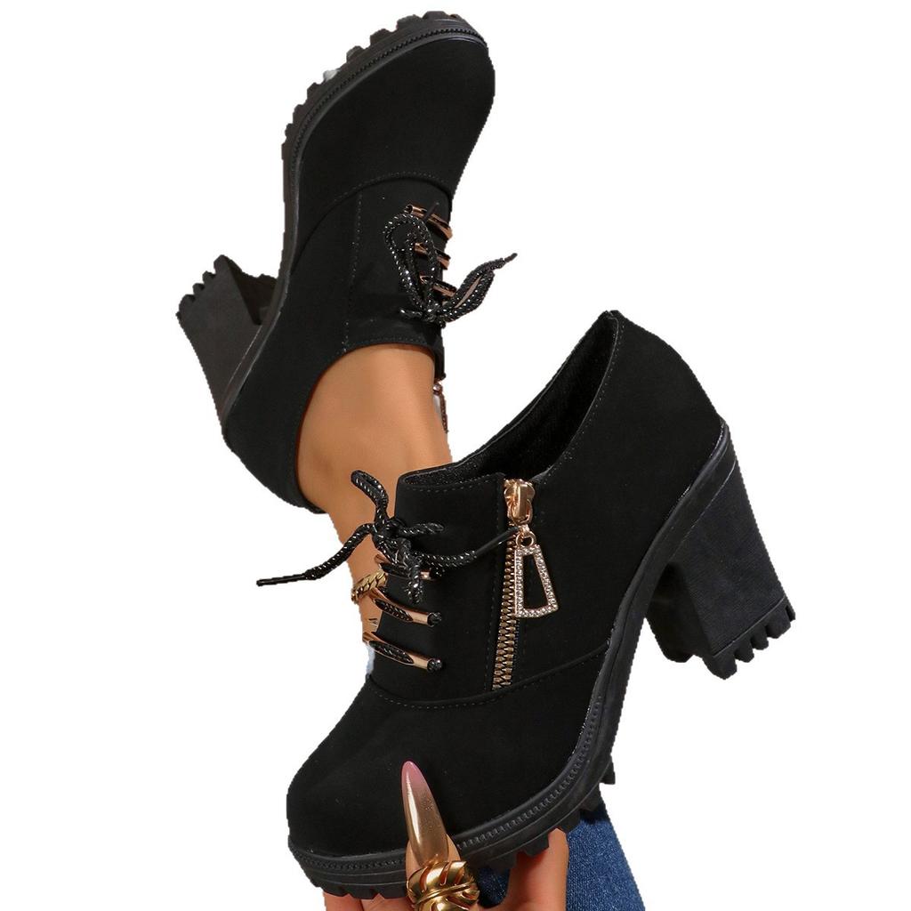 Fashion High Heel Low Top Fall New Women Boots 2025 Round Metal Buckle Front Lace-Up Side Zip Non-Slip Platform Block Heel Boots