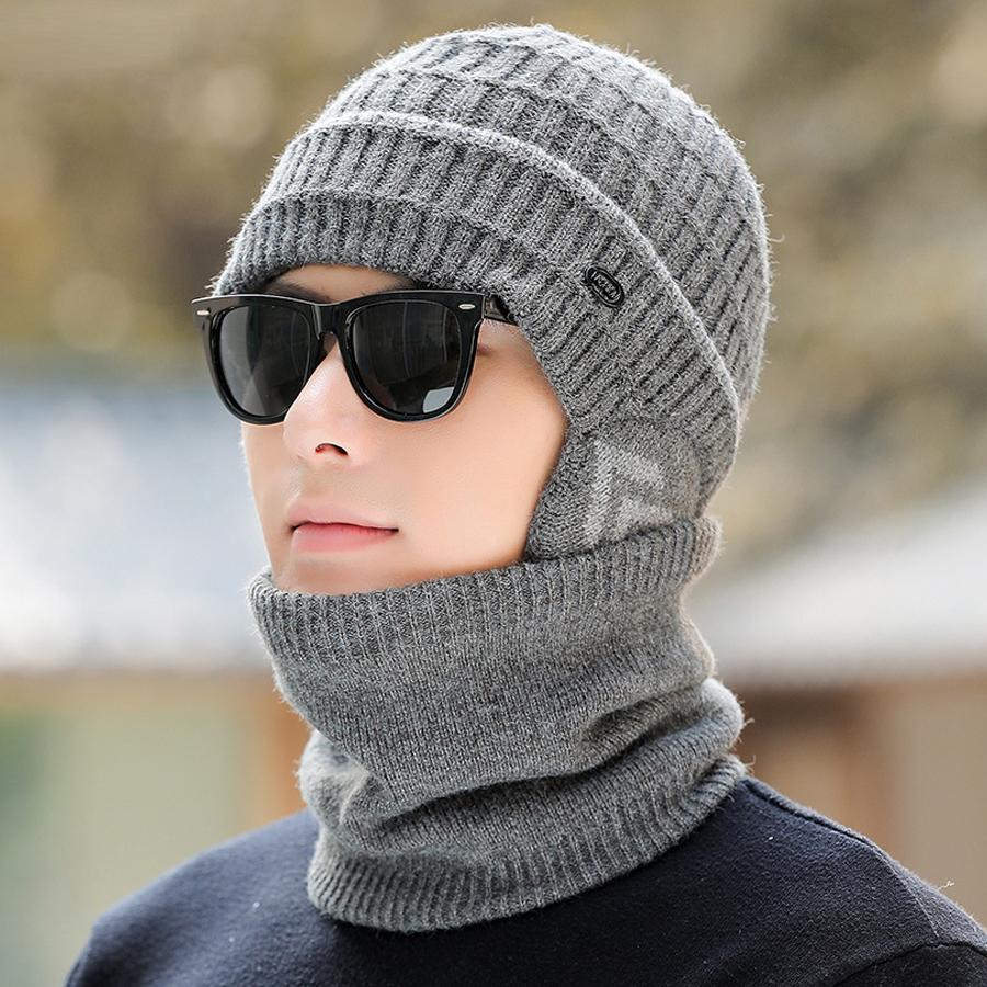 Вязаная шапка и шарф, комплект, мужская зимняя флисовая шерстяная шапка для людей среднего и пожилого возраста, толстая теплая шапка