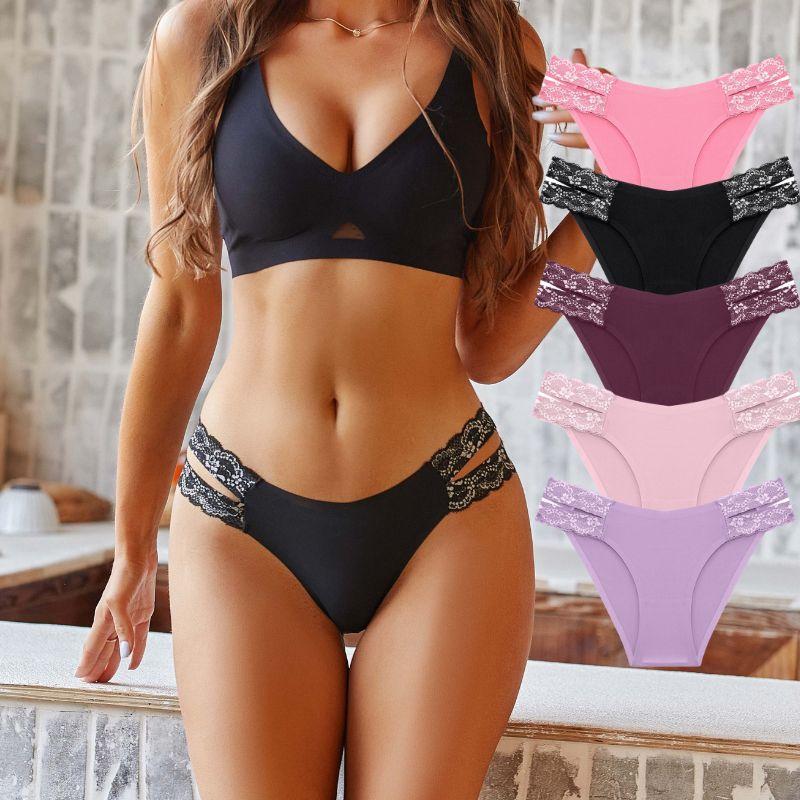 Sexy Panty for Woman Breathtable Lace Decoration Seamless Comfortable Solid Color Low-Waist Underwear