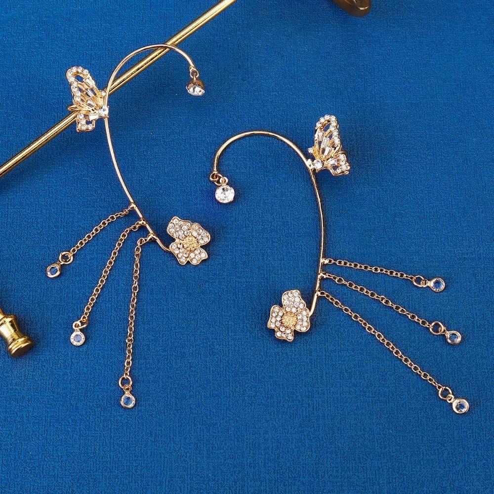 Non-piercing Butterfly Elf Ear Cuff Chic Rhinestone Ear Clips Vintage Pearl Flower Ear Cuffs  Gift