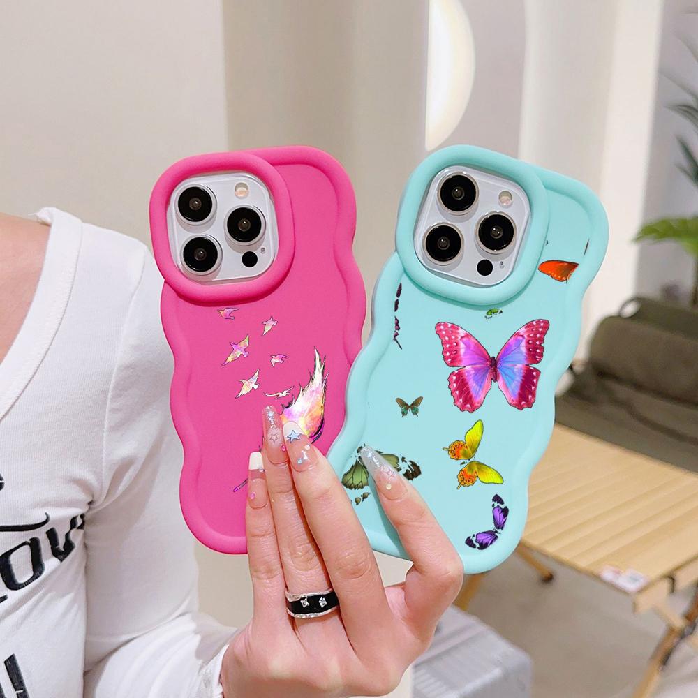 Чехлы для телефонов N76 Butterfly Macaron Wavy Edge для iPhone 16 Pro Max Samsung S24 Plus S23 Ultra A35 A54 A55 Xiaomi Redmi Note 13, противоударный чехол