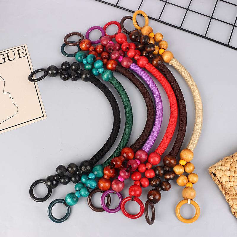 Women Wooden Bead Rope Bag Strap Wooden Handle Rope Beads Handbag Shoulder Belt Diy Replacement Bag Accessories