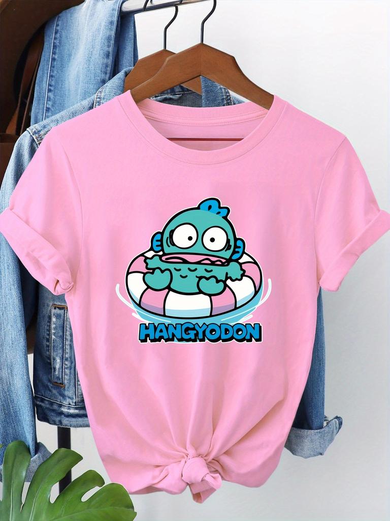 Women'S  HANGYODON Graphic T-Shirt Casual Crew Neck Short Sleeve Tee with Playful Green Character Design Playful Print Trendy