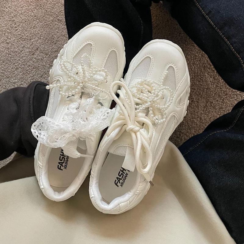 Балетки из кружева с жемчугом на платформе, женские весенние новые универсальные нишевые ретро спортивные туфли для отдыха