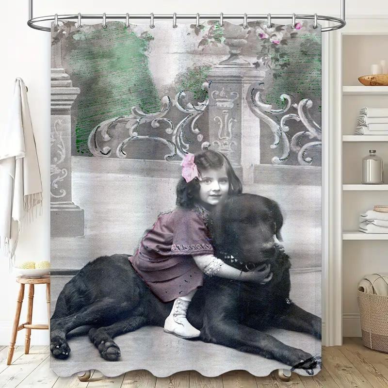 Abstract Cat Print Shower Curtain Blue White Polyester Fabric with Metal Hooks for Bathroom Decorations in Various Sizes