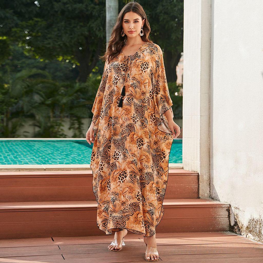 2023 European & American Rayon Front Tie Holiday Bikini Swimsuit Cover-up Robe