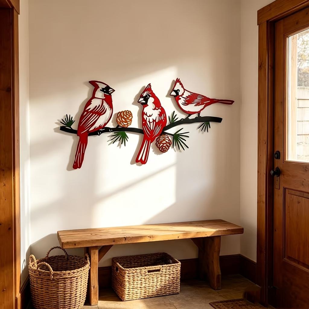 2Pcs Metal Red Cardinal Birds Wall Art Silhouette Hanging Sculpture Garden Fence Wall Plaque Home Decor