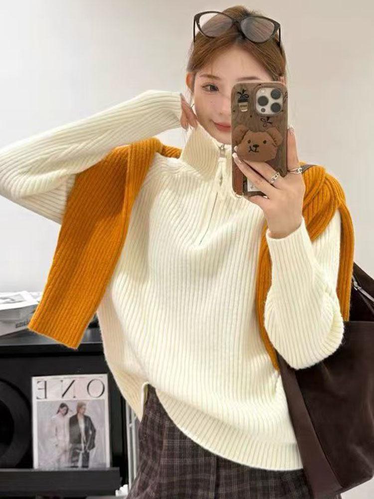 Women's High Neck Zipper Sweater - Autumn/Winter Loose Fit Korean Style Knitwear