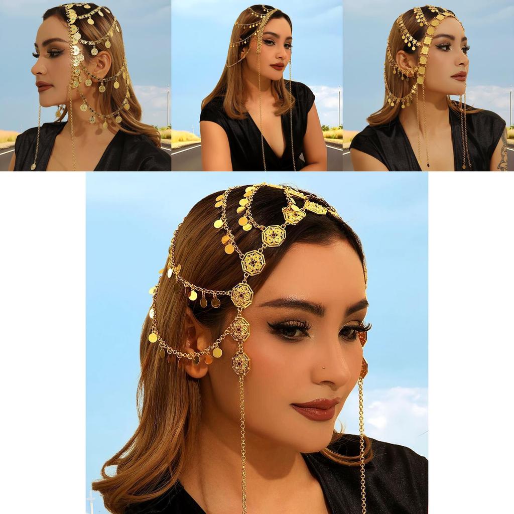 Middle Eastern Style Golden Headpiece With Tassels And Coin For Womens Winter Travel