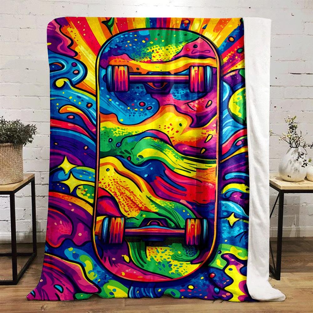 Vivid swirling patterns in rainbow colors surrounding a skateboard design. for all seasons blanket lunch break throw gift