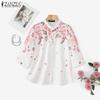 Women Round Neck Loose Casual 3/4 Sleeve Floral Blouse