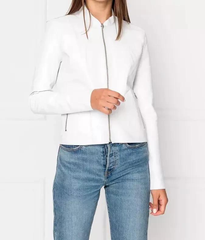 Women White Jacket Genuine Lambskin Leather Handmade Stylish Biker Motorcycle