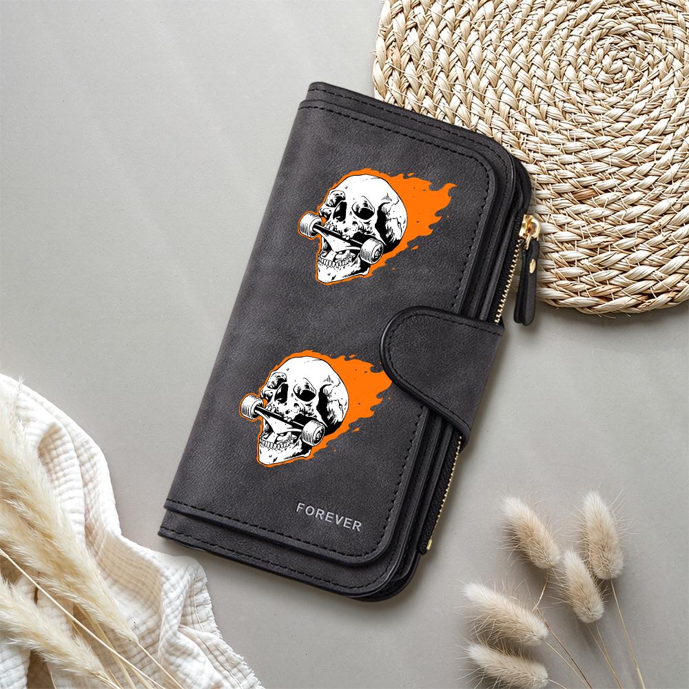 Cool Skull Print Long Wallet Stylish PU Leather Multi Card Holder Fashion Casual Portable Purse for Daily Use