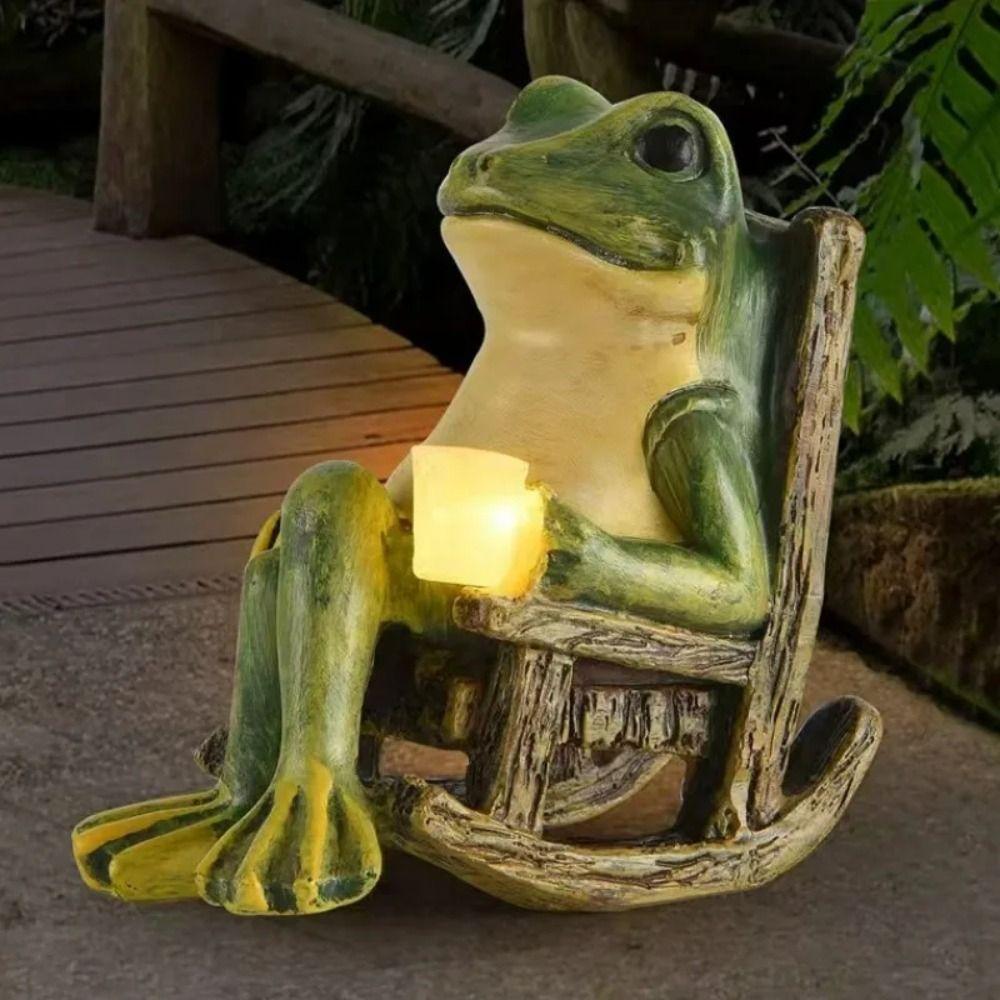 Mini Rocking Chair Frog Figurine Lamp Creative Animal Statue Garden Decoration