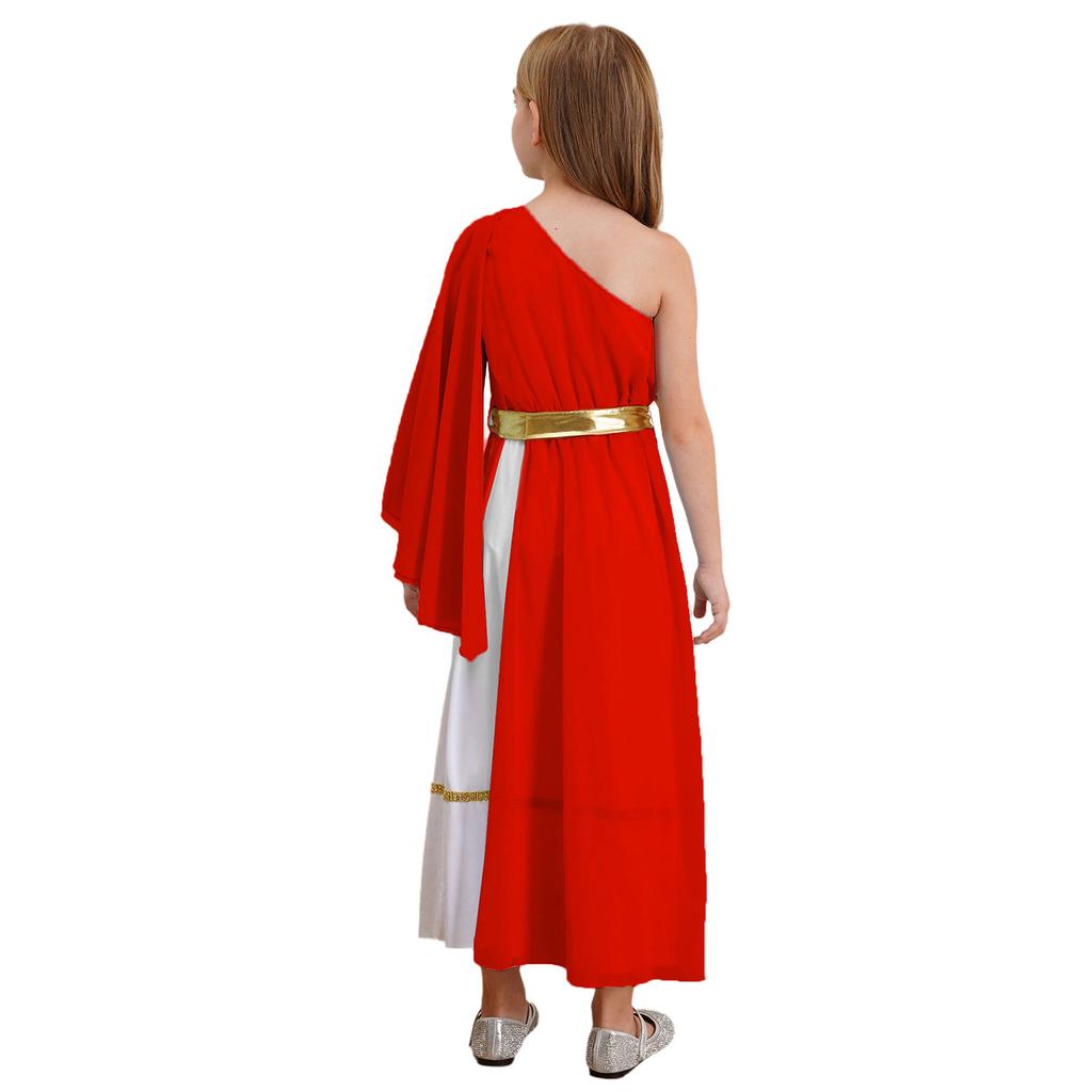 Girls Greek Toga Costume Single Shoulder Tulle Shawl Patchwork Flowy Dress Waistband Ancient Roman Halloween Outfit