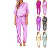 Women's Silk Solid Color Pajama Set Short Sleeve Shirt And Long Pajama Pants Set Soft Pajamas Loungewear