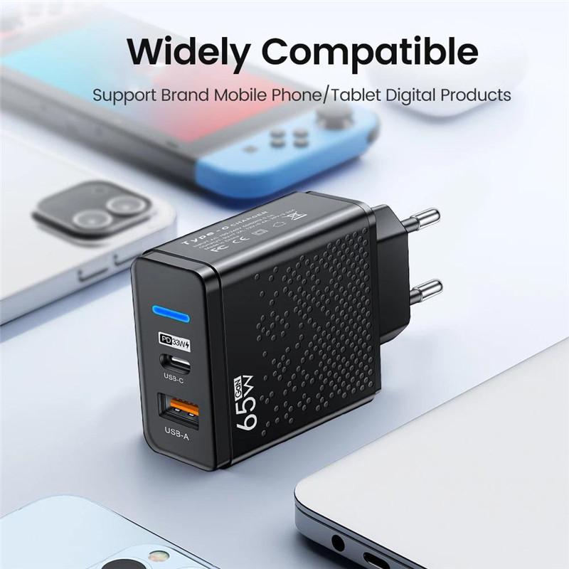PD 65W Fast Charging Charger Quick Charge 3.0 Phone Charger Adapter Type C Fast Charging Wall Adapter