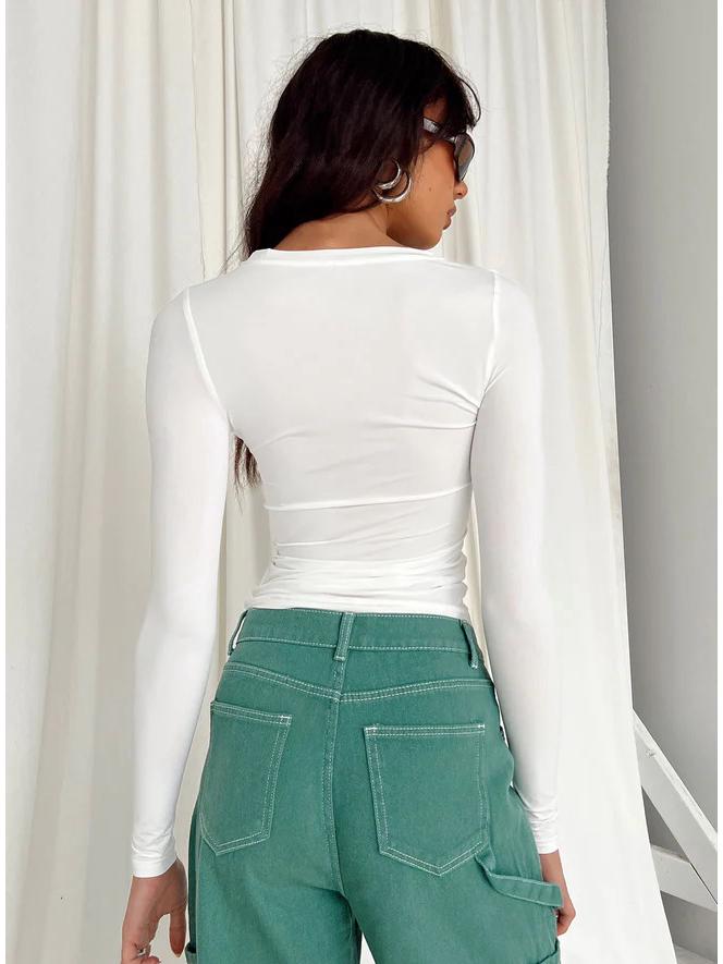 2023 Женская футболка с длинным рукавом, приталенная, нестандартная, однотонная, с круглым вырезом