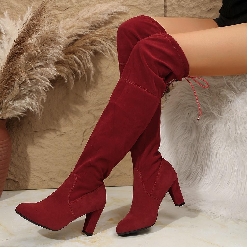 Модные Элегантные Серые Ботфорты из Искусственной Замши Женские Теплые Плюшевые Высокие до Бедра Ботас Женские Остроносые на Высоком Каблуке Шнуровка Длинные Ботинки