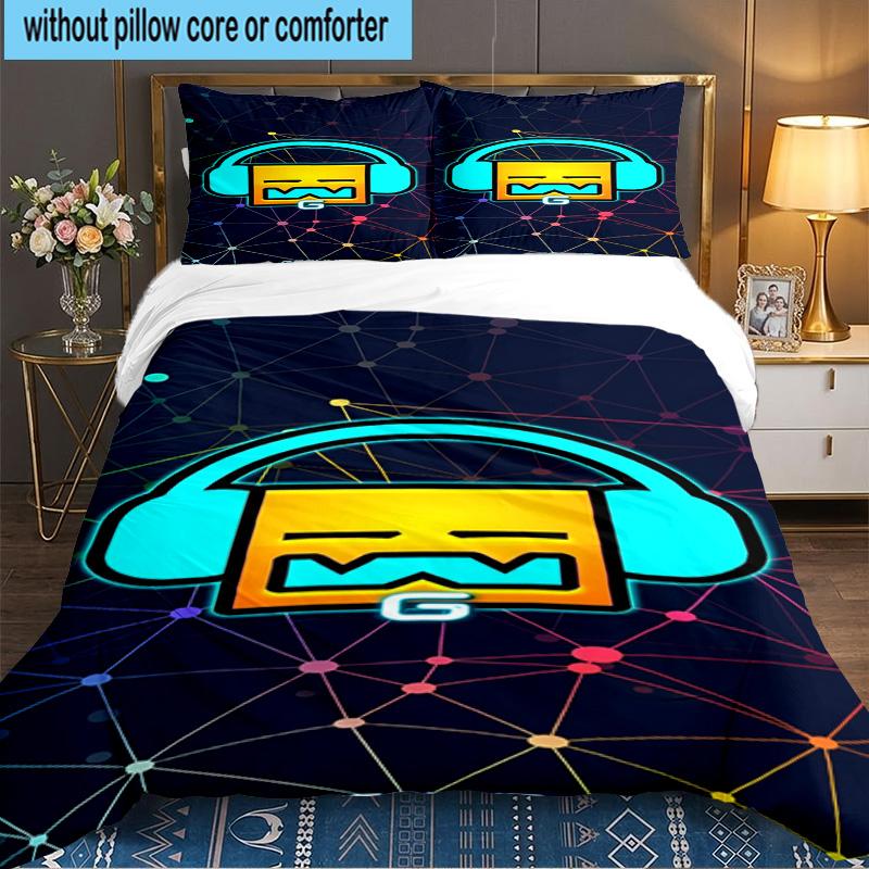 Colorful Geometry Dash Characters 3PCS Bedding set,Ideal for 1pc Duvet Cover And 2pcs Pillowcases Perfect for Fan gift,Ideal for Bedroom, Dormitory