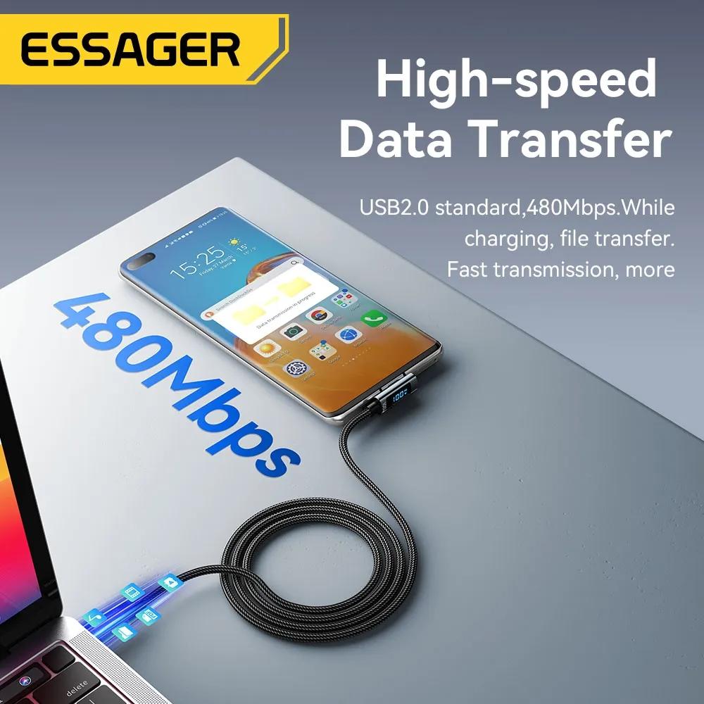 Essager PD100W Кабель USB Type C к USB C 5A Кабель для быстрой зарядки 90 ° Светодиодный кабель цифрового дисплея для Huawei Xiaomi Samsung MacBook