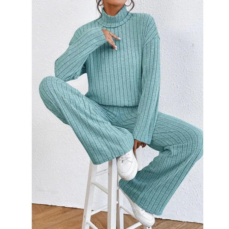 Осень-зима вязаная блузка и длинные брюки 2 комплекта из двух предметов женские наряды модные повседневные свободные топы с высоким воротом и длинными рукавами