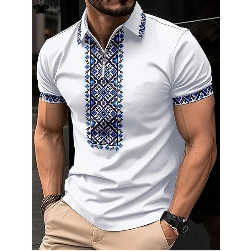 3D винтажная этническая рубашка поло в стиле casual, мужская, большого размера, с коротким рукавом, на молнии, с принтом, модная спортивная рубашка поло для активного отдыха