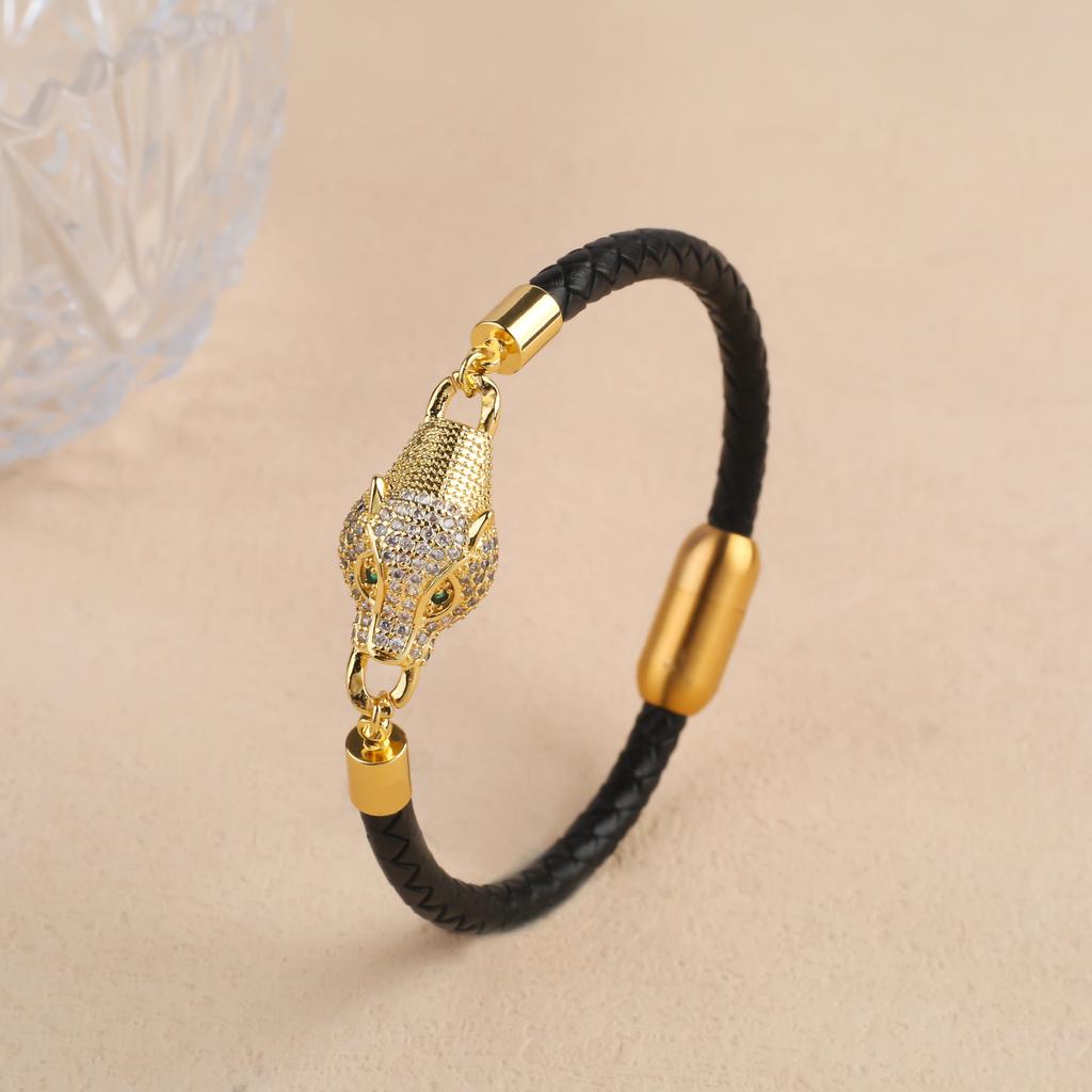 Bully Animal Style Leopard Head Braided Leather Rope Bracelet Fashion for Man Woman Stainless Steel Zirconia Zircon Daily Wear