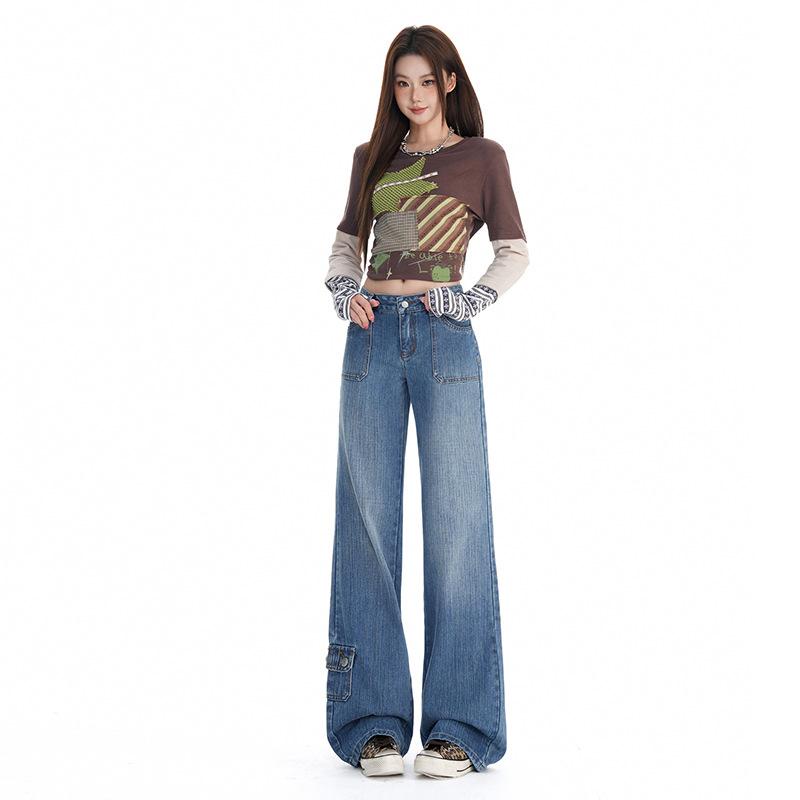 American tooling straight loose jeans women's autumn new mid-low waist narrow version wide-leg floor-mopping pants