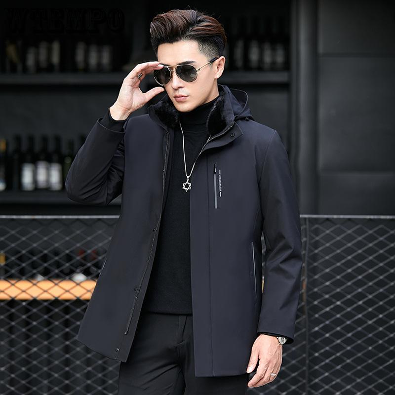 Зимнее мужское пальто с воротником из норки, шуба из норки со съемной подкладкой