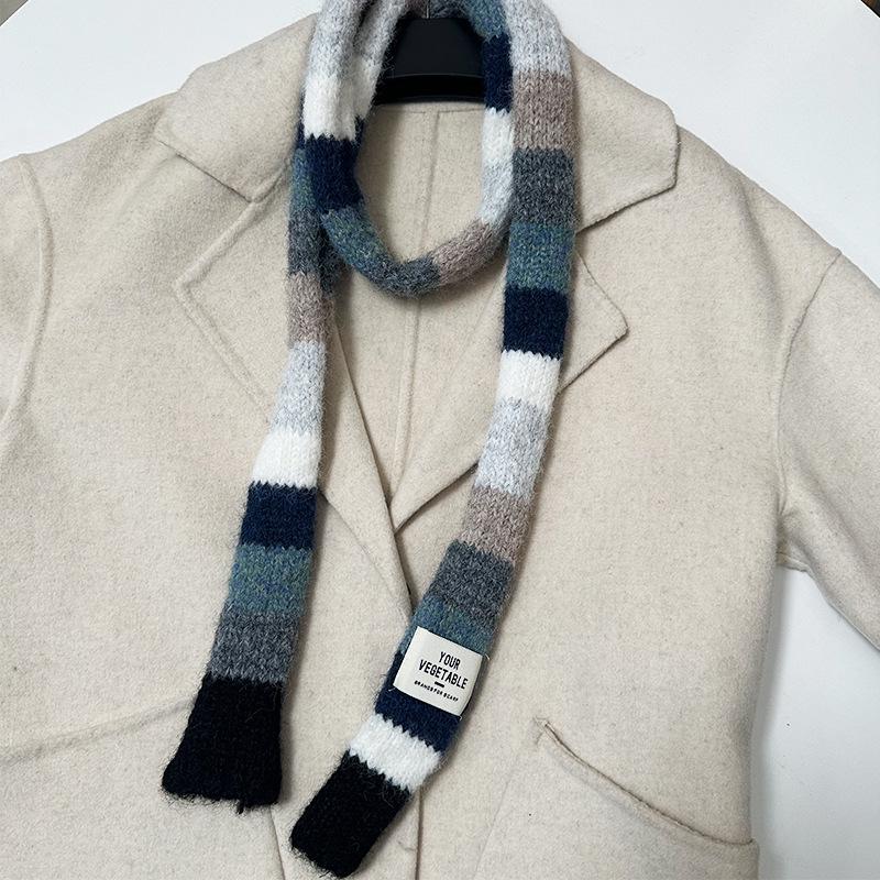 Korean Y2K Striped Scarf Knitted Wool with Colorful Splicing Contrast Long Narrow Scarves Sausage Thin Scarf Winter Scarves Wrap