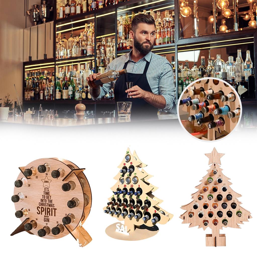 Xmas Advent Calendar Countdown 24 Wooden Xmas Tree Mini Alcohol Holder Wine Bottle Stand Decoration
