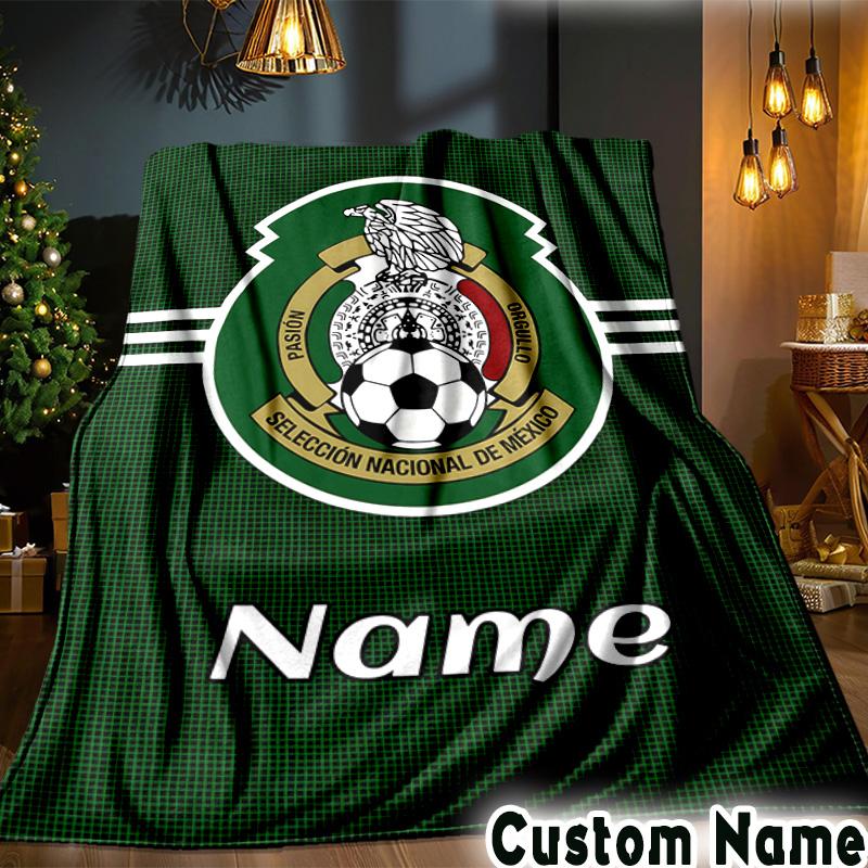 Custom Name Mexico Soccer Emblem Throws Blanket Flannel Blankets for Couch Bed Gifts for Men Women Picnic blanket Christmas fan gifts