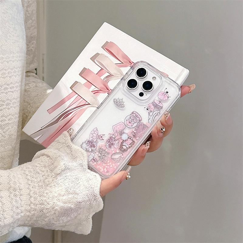 Косметичка Принцессы и Чехол для iPhone 16 Pro Max с Жидким Песком - Милые Аксессуары для Apple 15-17