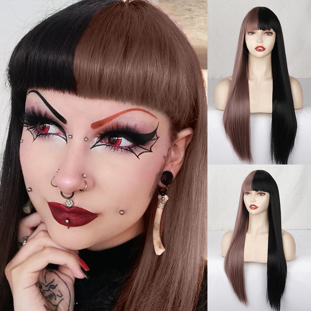 MERISIHAIR Женский модный длинный прямой полуцветный красный, белый парик для косплея с челкой, длинный прямой парик из синтетического волокна