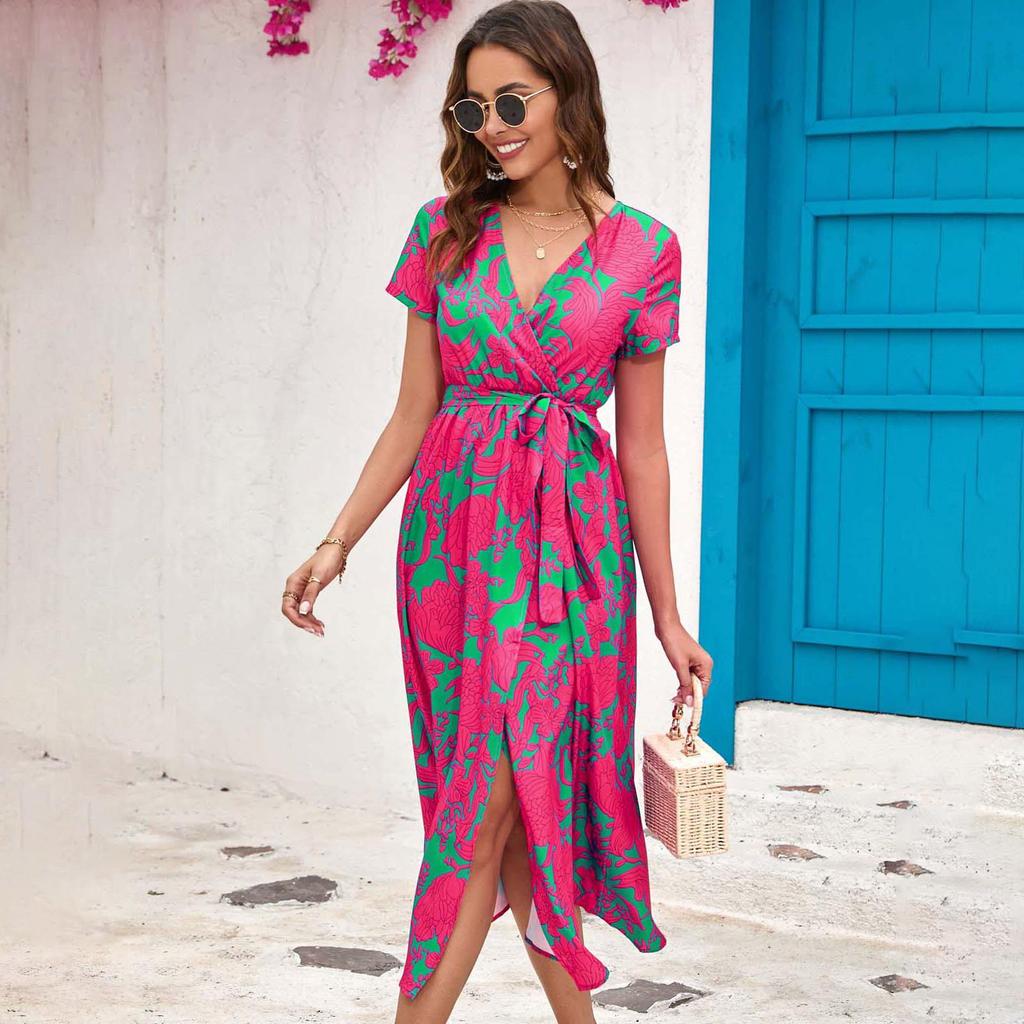 Женское летнее платье с короткими рукавами и высокой талией в этническом стиле на шнуровке