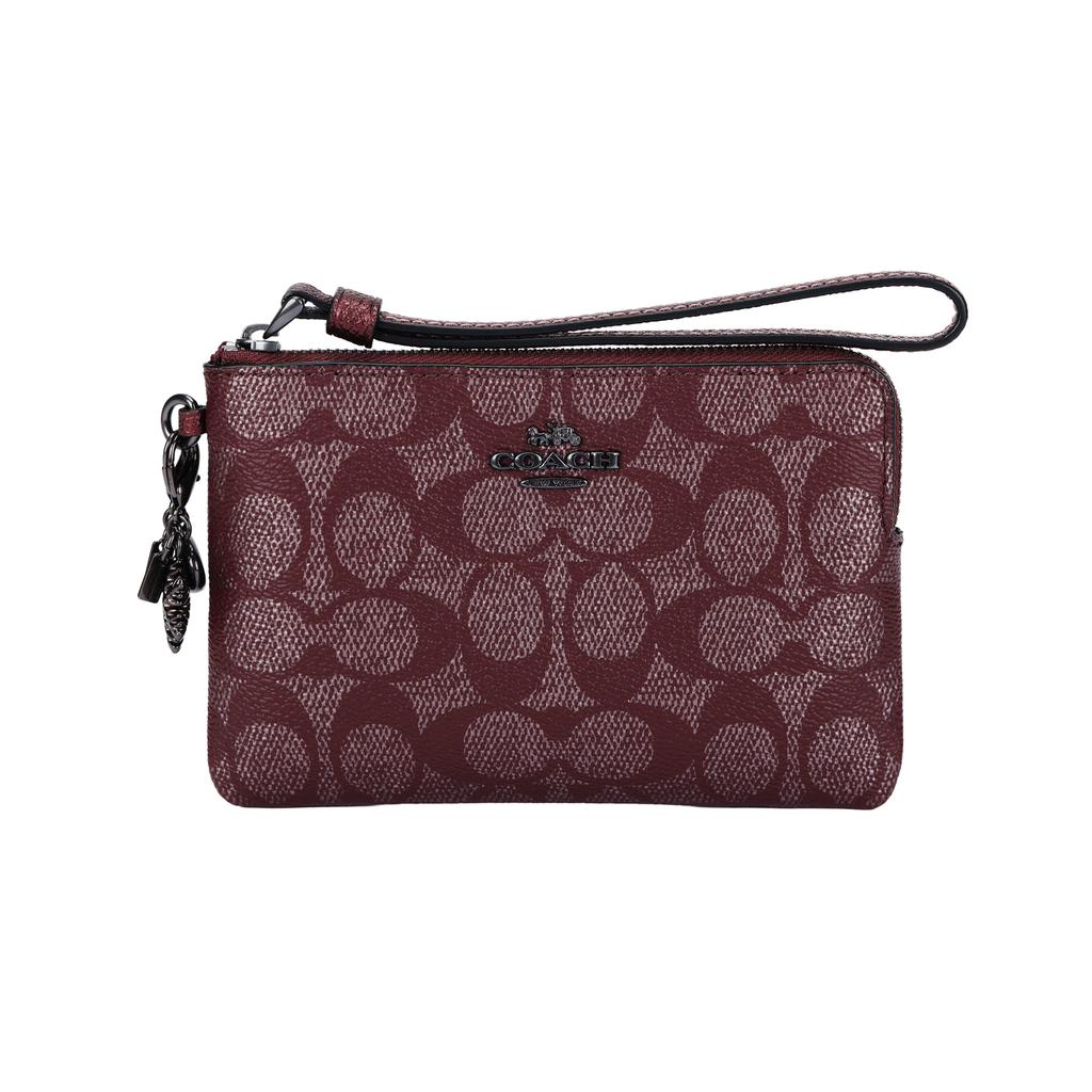Coach Бордовый Signature Canvas Кошелек-клатч на молнии с подвеской-снежинкой и ремешком на запястье для повседневного и праздничного использования