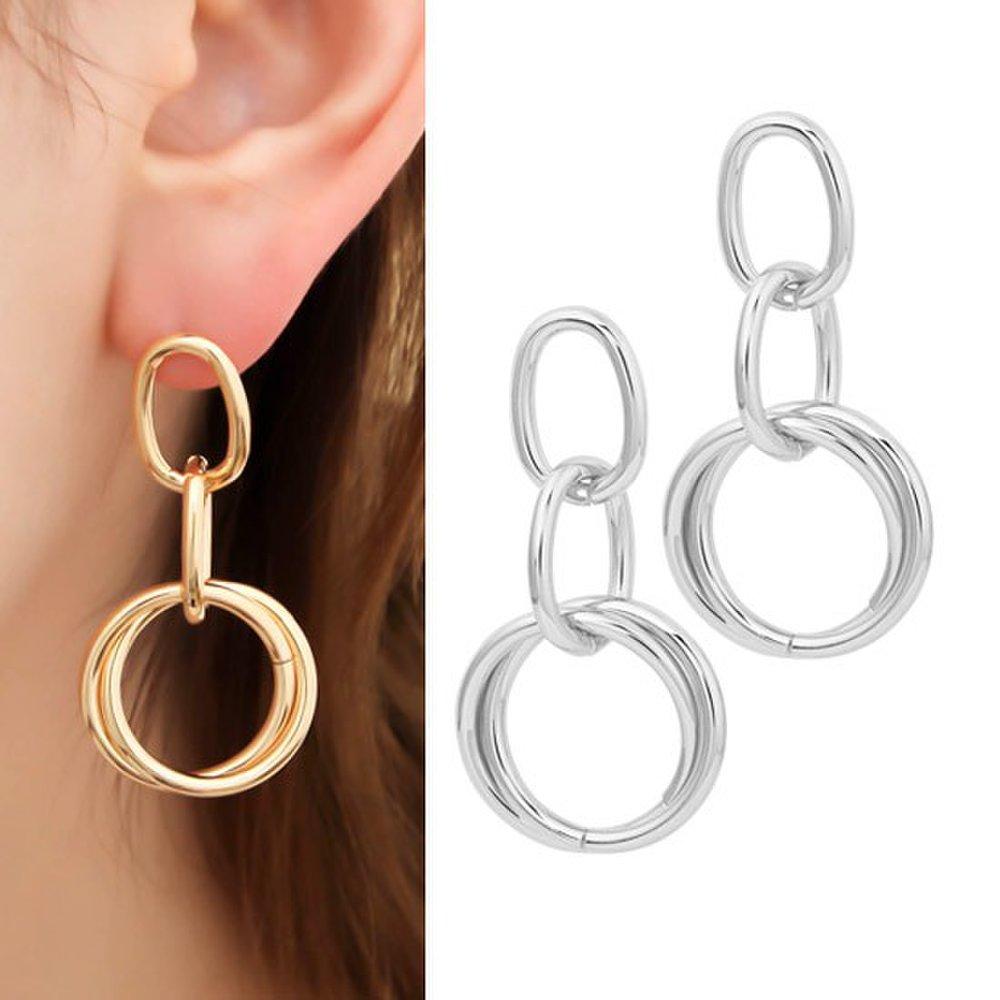 [] Double Ring 92.5 Silver Genuine Bold Silver Needle Earrings