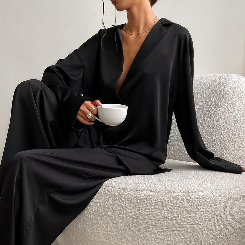 Oversized Sleepwear Low Cut Sexy Pajamas For Women Single-Breasted Long Sleeves Wide Leg Pants Trouser Suits