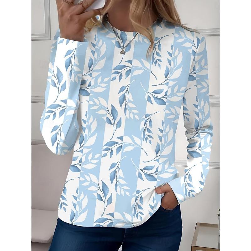 Women's Casual T-shirt 3D Printed Flower Print Round Neck Retro Elegant Long Sleeves Women's Fashion Pullover Long Sleeve Tops