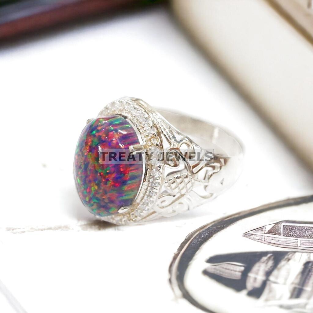Black Opal Oval Cut Gemstone With 925 Sterling Silver Ring For Men's #272 JL375577072870