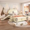 Upholstered Bed Children's Bed 140x200cm Cartoon Bed LED Color Changing Light Slide Ladder Adults Youth PU Material Without Mattress Beige