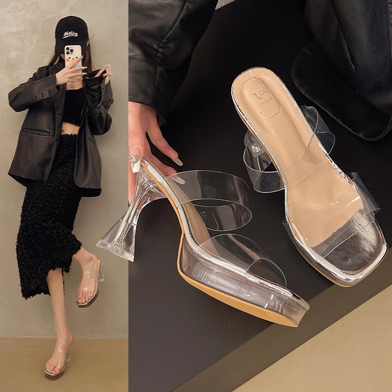 New Transparent Thick-heeled Thick-soled Crystal Casual Simple High-heeled Slippers In Summer 2025