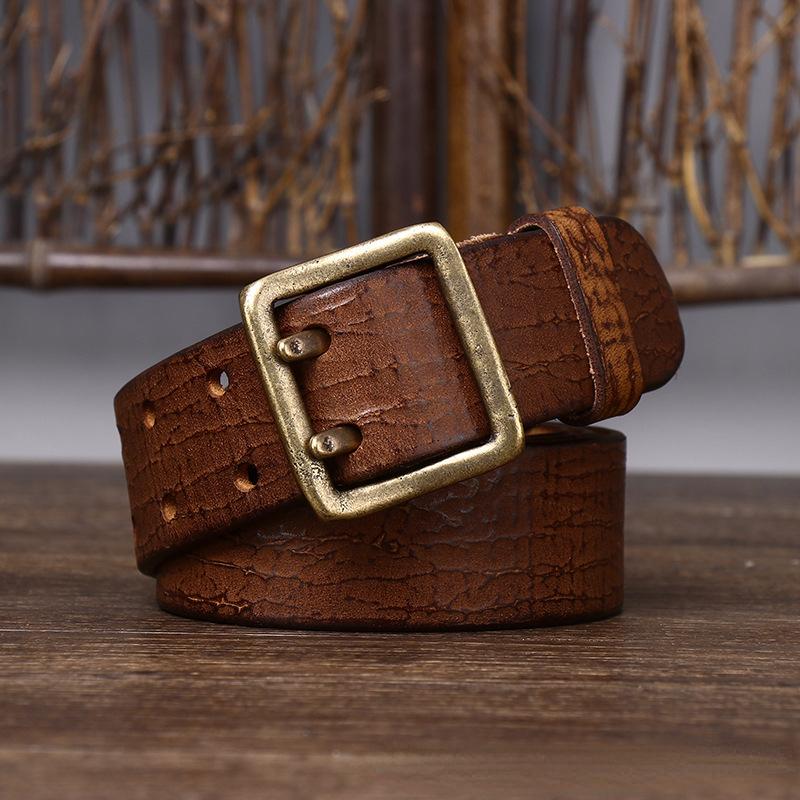 Ремень мужской в ​​корейском стиле, ретро, ​​потертый, модный, уникальный, с двойной иглой, латунная пряжка, натуральная кожа, джинсовый ремень из натуральной яловой кожи