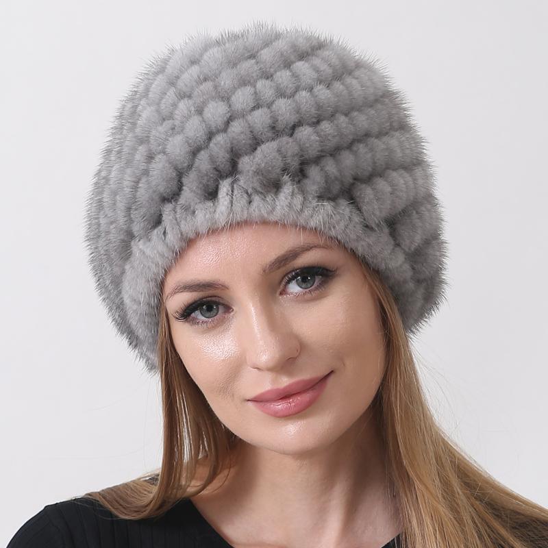 Шапки из натурального норкового меха для женщин, шапка-бини с ананасом, вязаные эластичные классические женские зимние теплые шапки