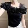 Классическая летняя женская футболка с сеткой, оборками, цветочной отделкой, квадратным вырезом и короткими рукавами. Элегантная бутиковая женская повседневная футболка.