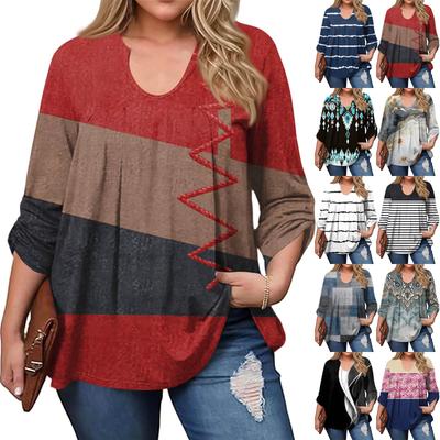 Женский модный топ большого размера с принтом, повседневный плиссированный, с круглым вырезом и длинными рукавами