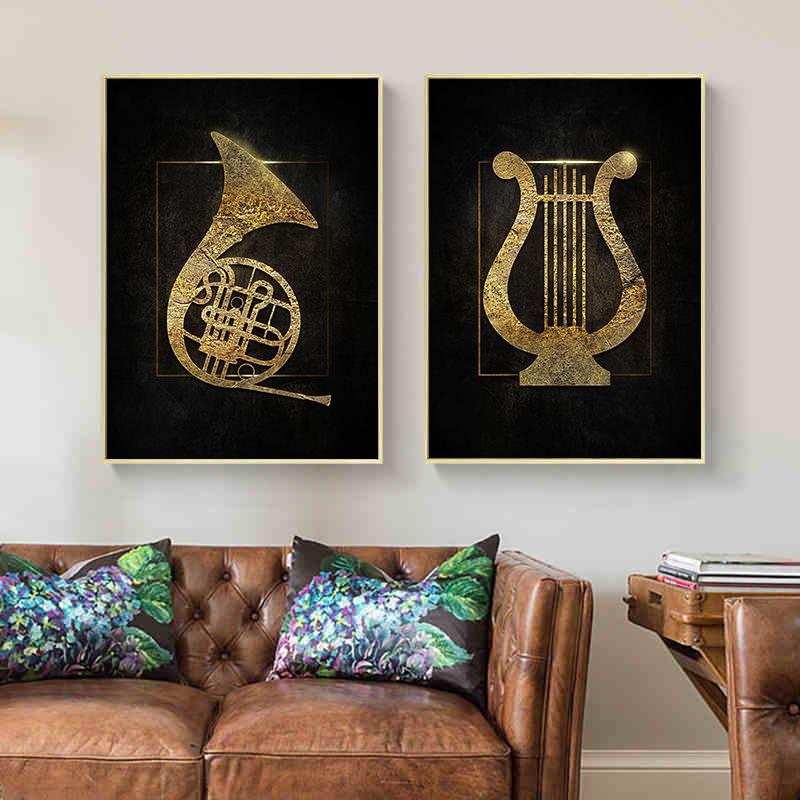 Черный фон золотые музыкальные знаки плакаты холст картина фортепиано настенная картина для спальни украшение дома безрамное